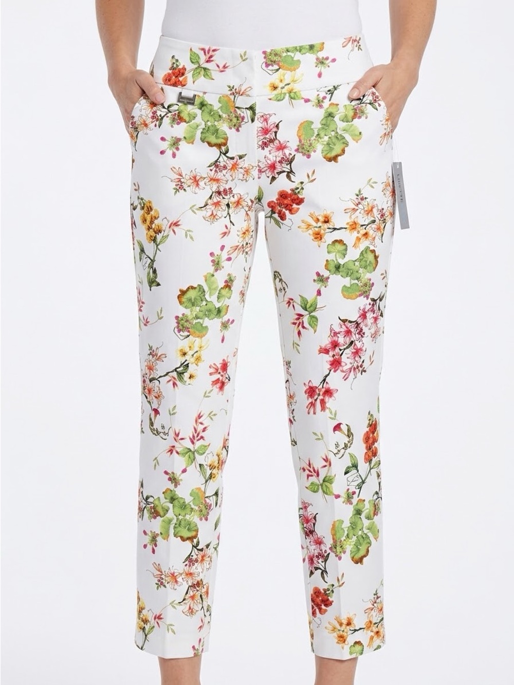 LISETTE Stretchy White Floral Geranium Cropped Ankle Pants w Pockets! — #LHP